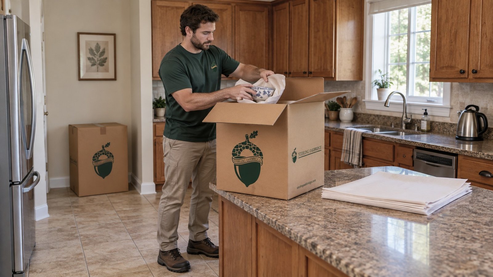 Packing one kitchen task A male mover in a green work shirt placing a paper-wrapped bowl into a tall kraft dish carton, with separate packing-paper sheets nearby.
