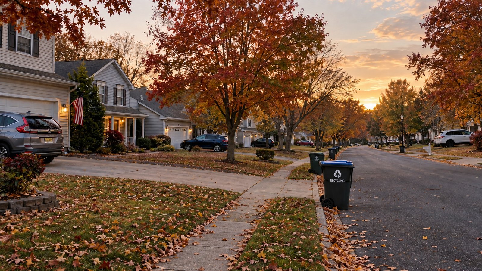 An autumn residential street with cars in driveways and wheeled collection carts beside the curb at evening light.
