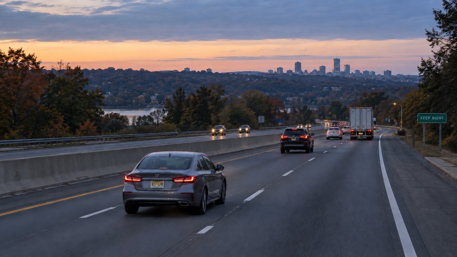 Rear view of a gray sedan on a divided highway at dawn, with traffic ahead and opposing traffic beyond a median barrier.