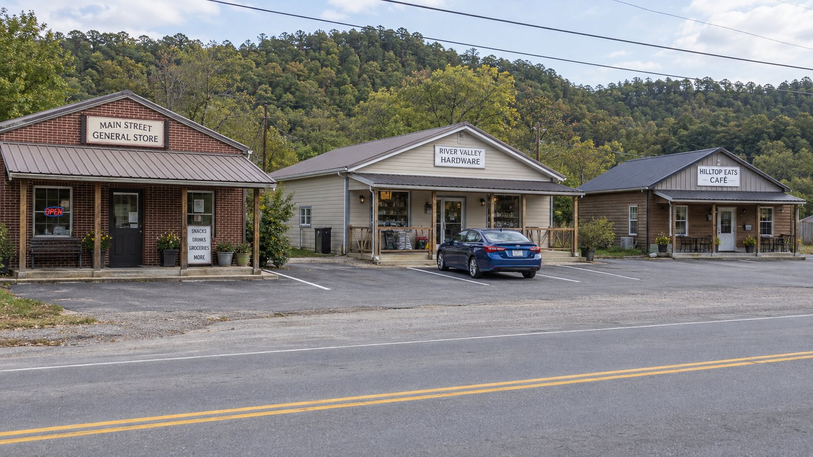A whole blue sedan in a marked bay outside modest roadside shopfronts beneath a wooded ridge.