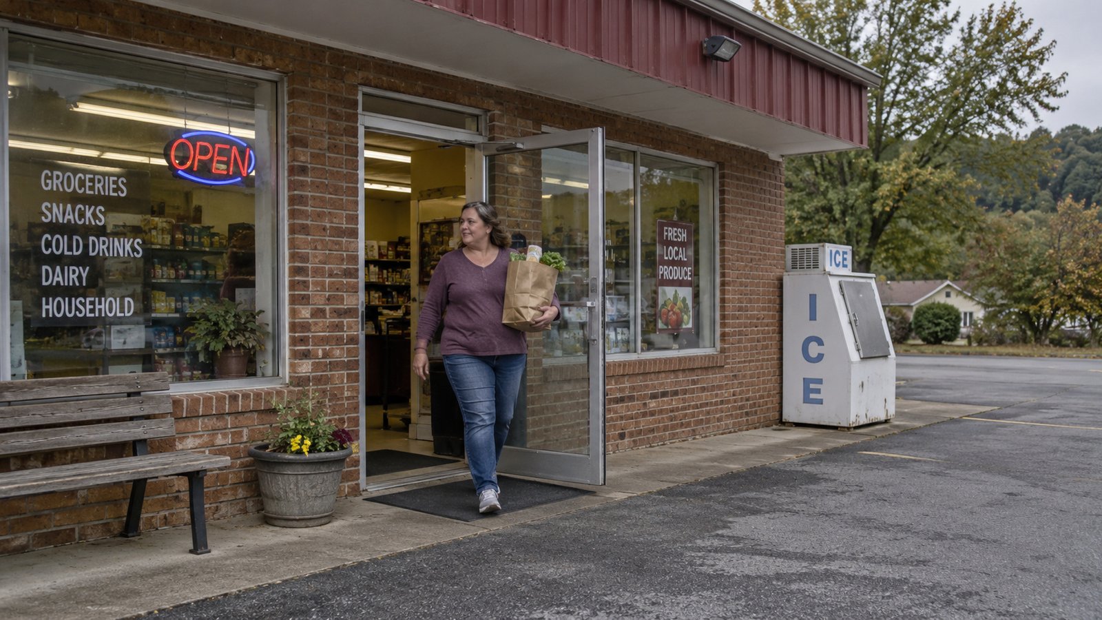 A whole resident carries a grocery bag out of a brick store onto a paved apron.