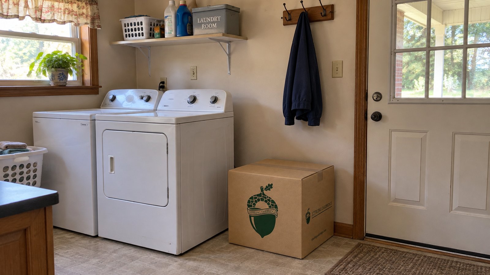 One closed kraft Medium Linen carton on a utility-room floor beside a washer and dryer.