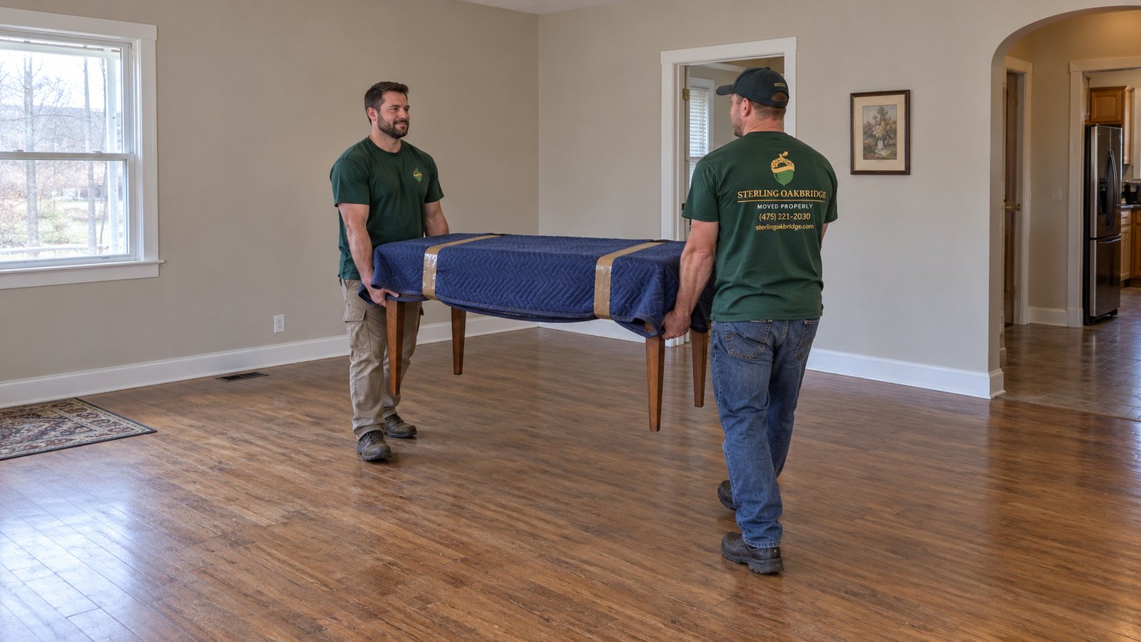 Prepare furniture before carrying Two whole male movers carry a small independently blanket-wrapped wooden table across a clear room.