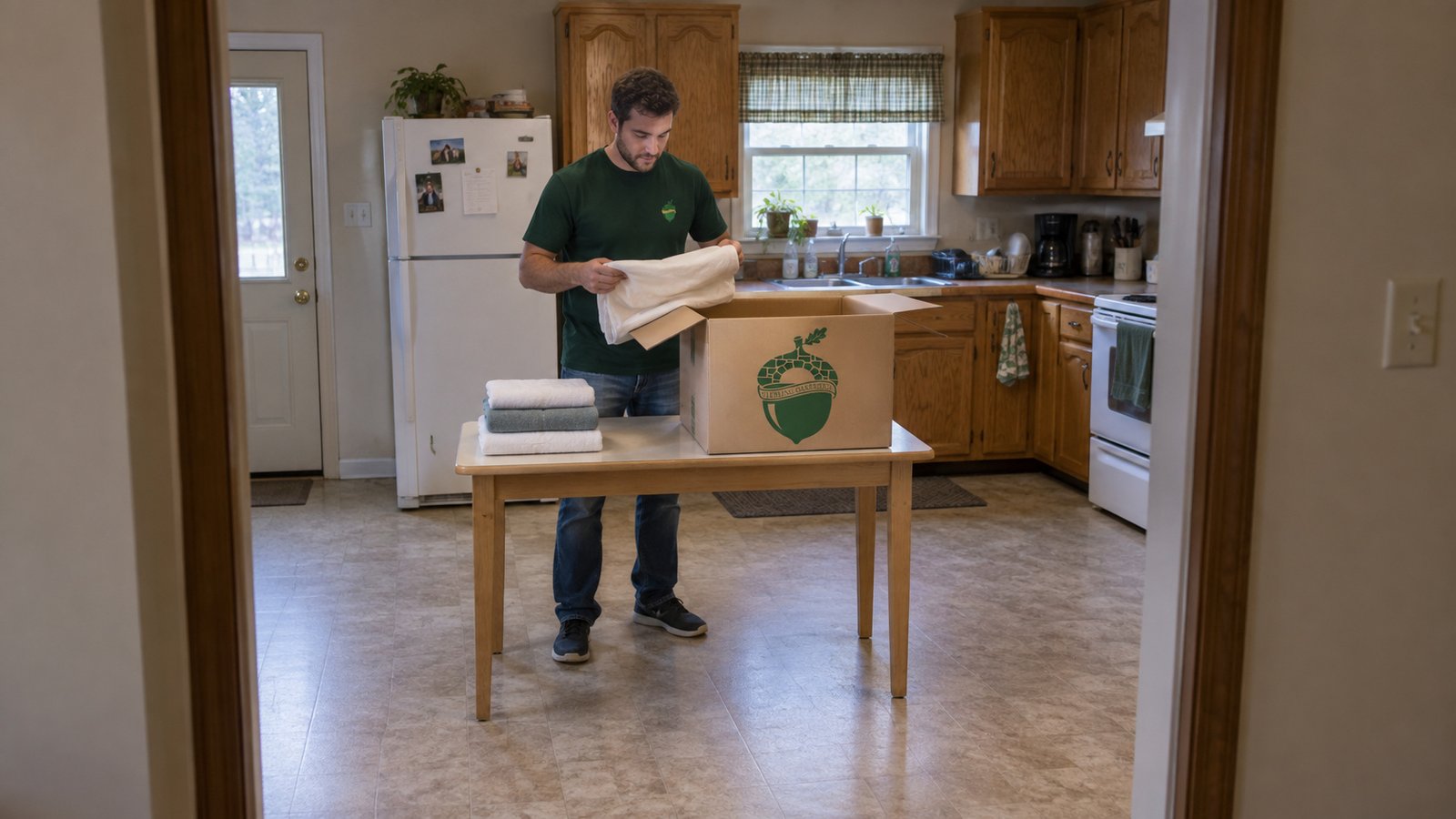 Prepare the selected packing A whole male packer folds linen beside one open kraft Medium carton at a complete narrow table.