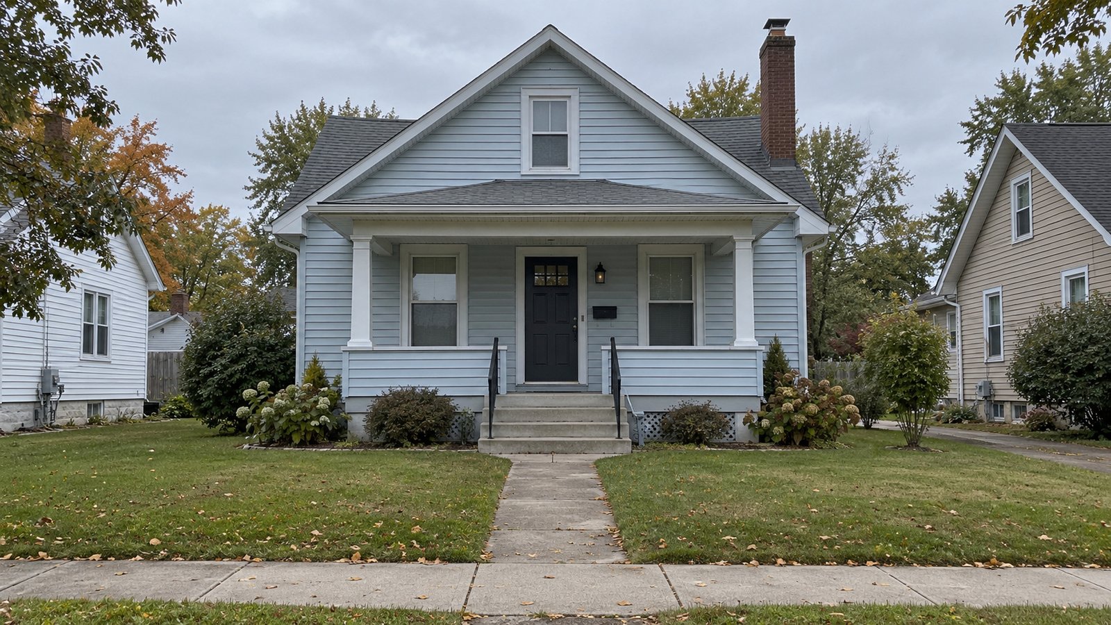Check the route to the door A complete pale blue bungalow with a straight concrete walk, broad porch steps and two handrails.