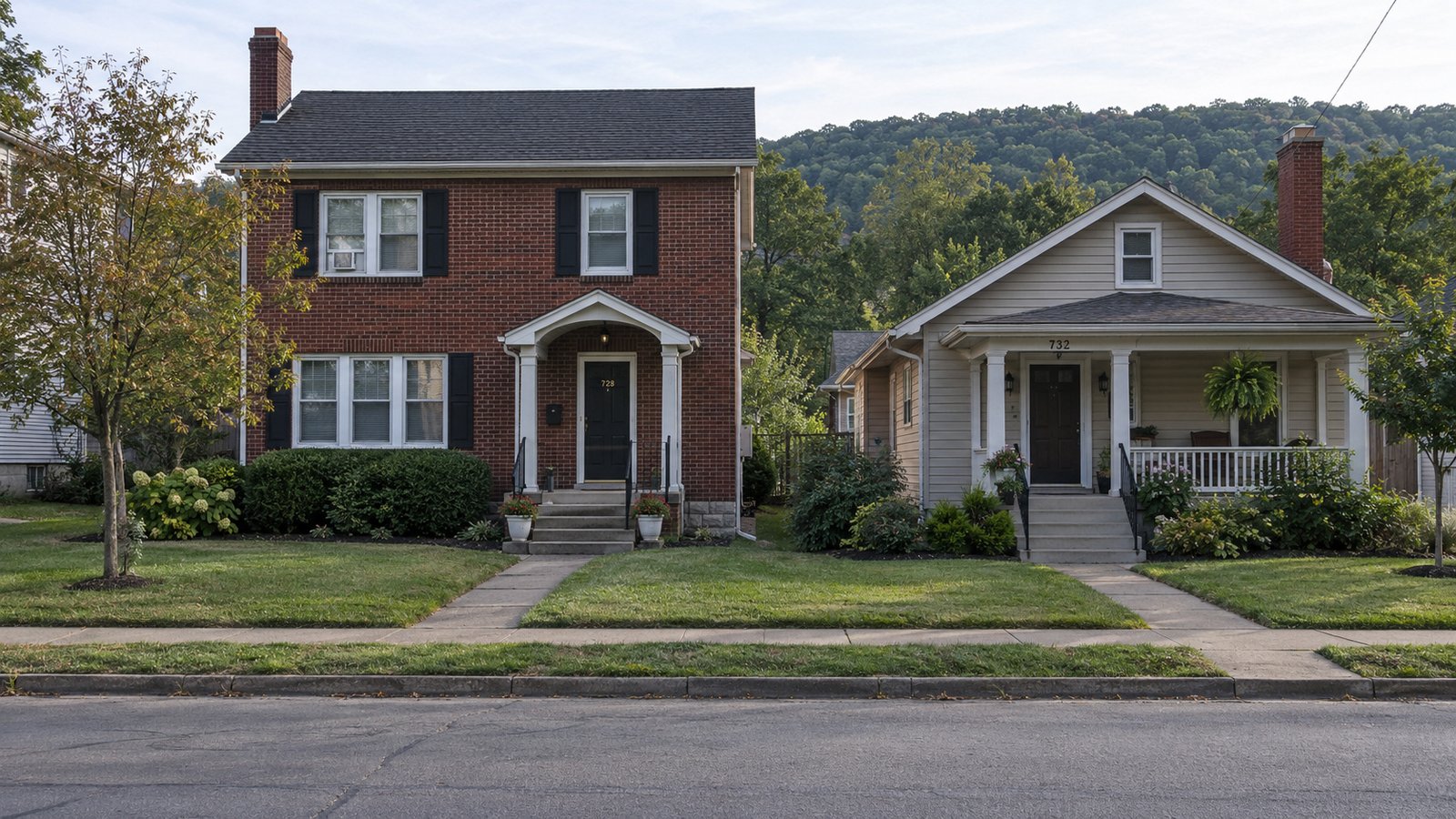 A complete red brick two-story home and pale clapboard bungalow beside a residential sidewalk.