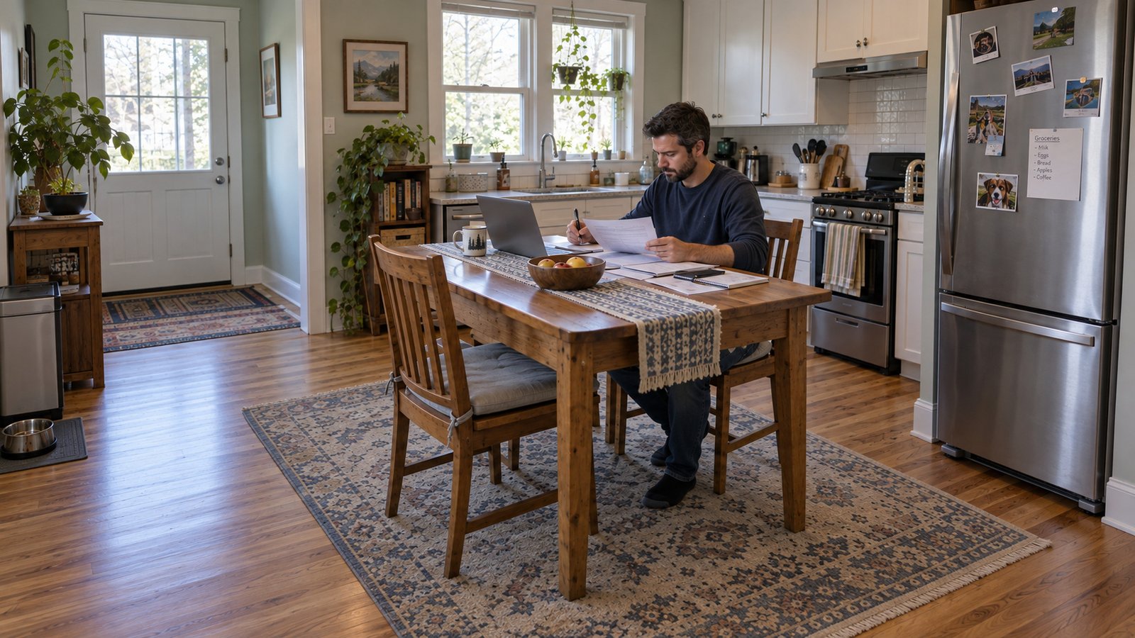 A man seated at a complete wooden kitchen table reviewing papers beside a laptop.