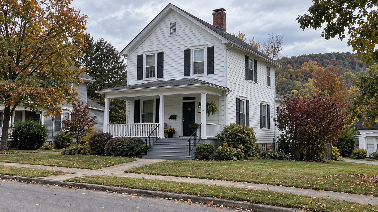 Plan the receiving entrance A complete two-story white clapboard home with a covered porch, steps and a paved front walk.