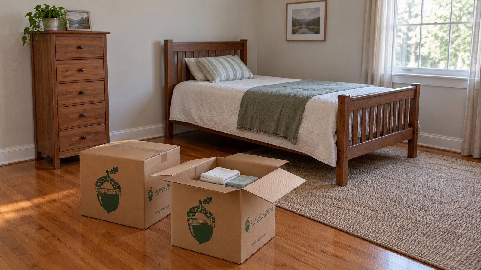A complete wooden twin bed and narrow chest beside open and closed kraft cartons of towels.