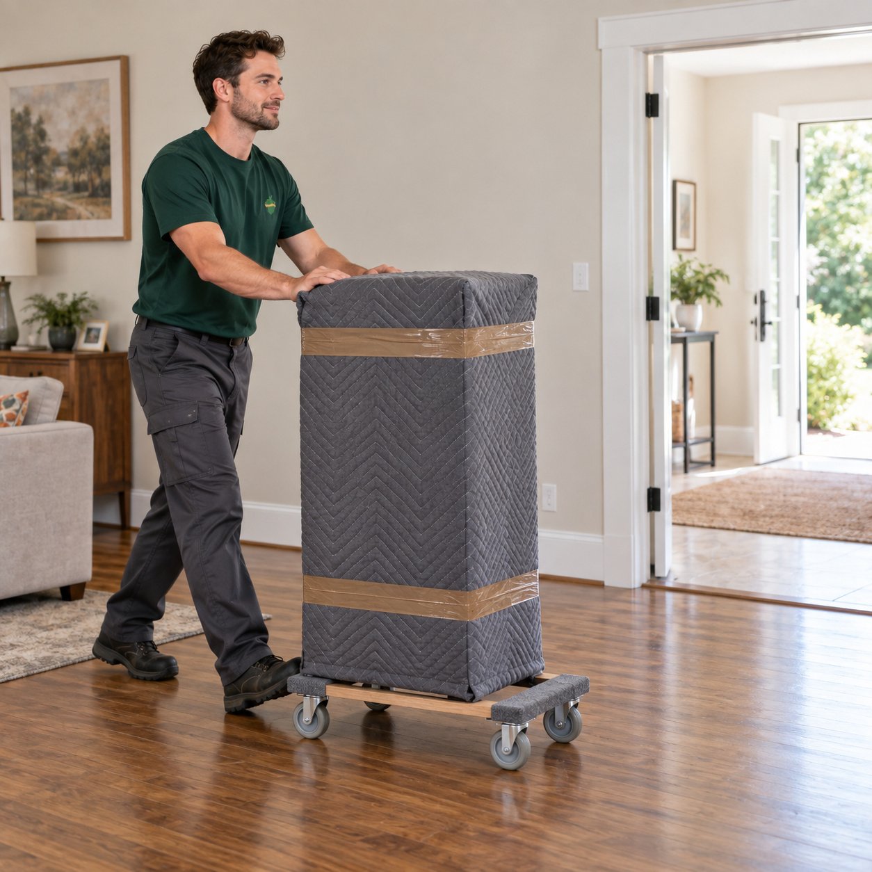 Support protected furniture along the route A male mover guiding a blanket-wrapped narrow chest on an open wooden furniture dolly toward a doorway.