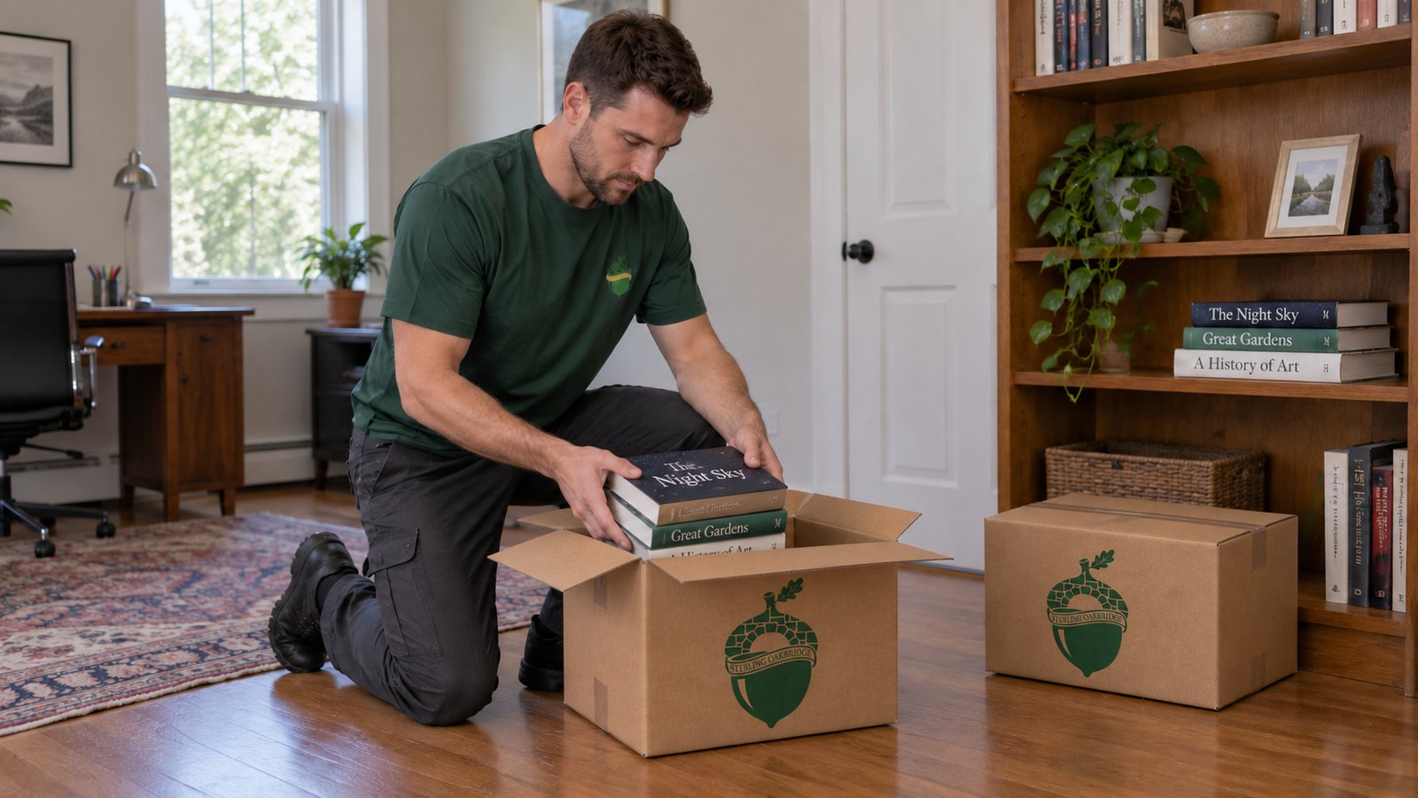 Use small cartons for dense books A male mover in a green Sterling Oakbridge shirt placing books into a small open kraft carton.