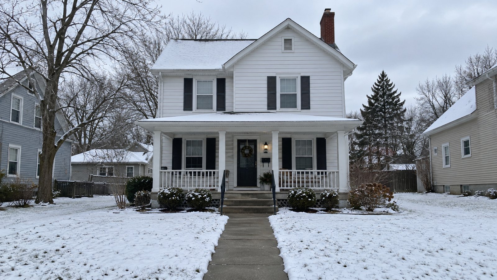 A complete white clapboard house with a cleared front walk and porch steps after light snow.
