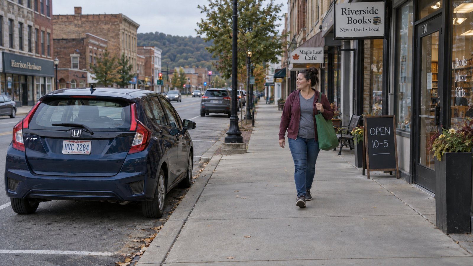A woman carrying a green shopping bag on a sidewalk beside a complete blue hatchback and ordinary shops.