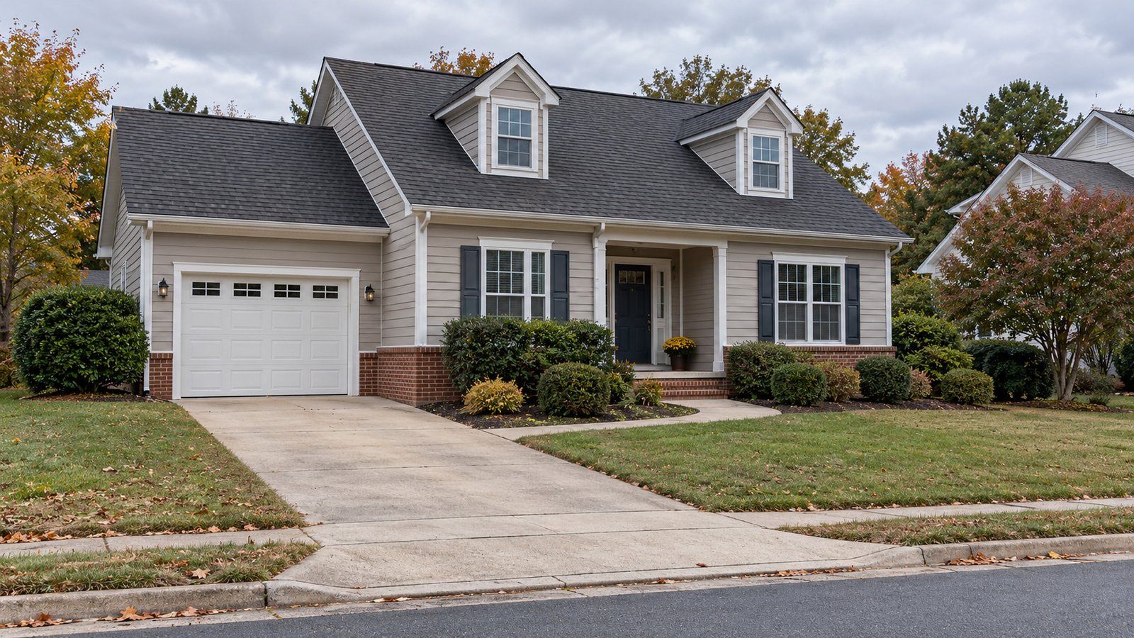 Separate home approaches A detached home has a closed garage, driveway and a separate path to the front porch.