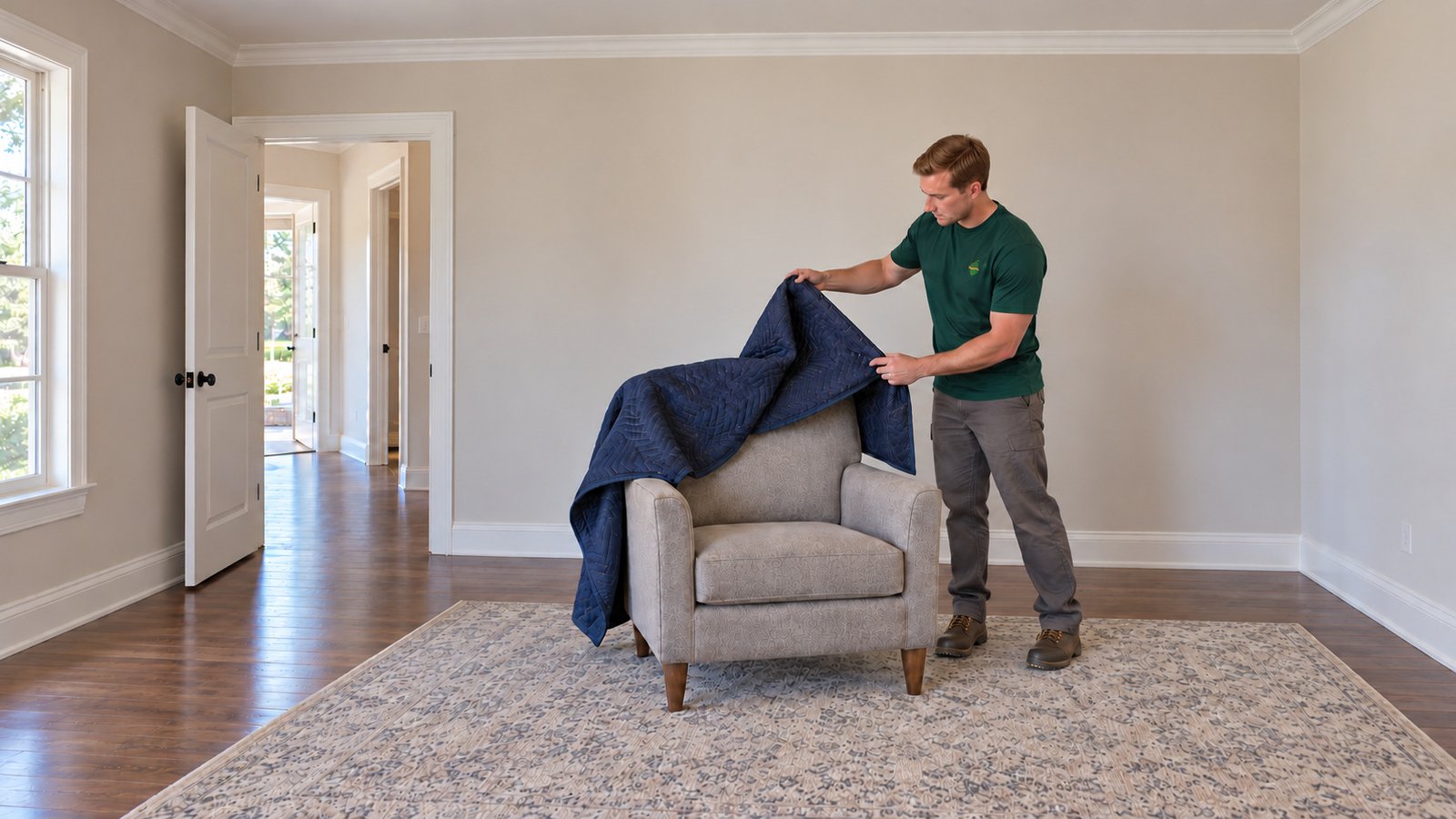 Unwrapping after placement A mover lifts a loose quilted blanket from an armchair resting on the floor.