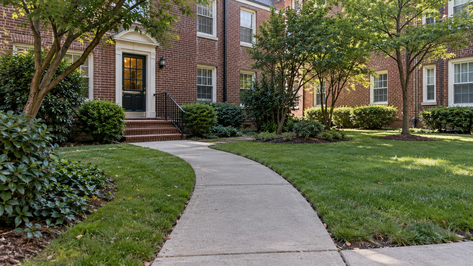 Garden-court route and shared steps A curved concrete path through a landscaped brick apartment court leads to a shared glazed door above a short stair.