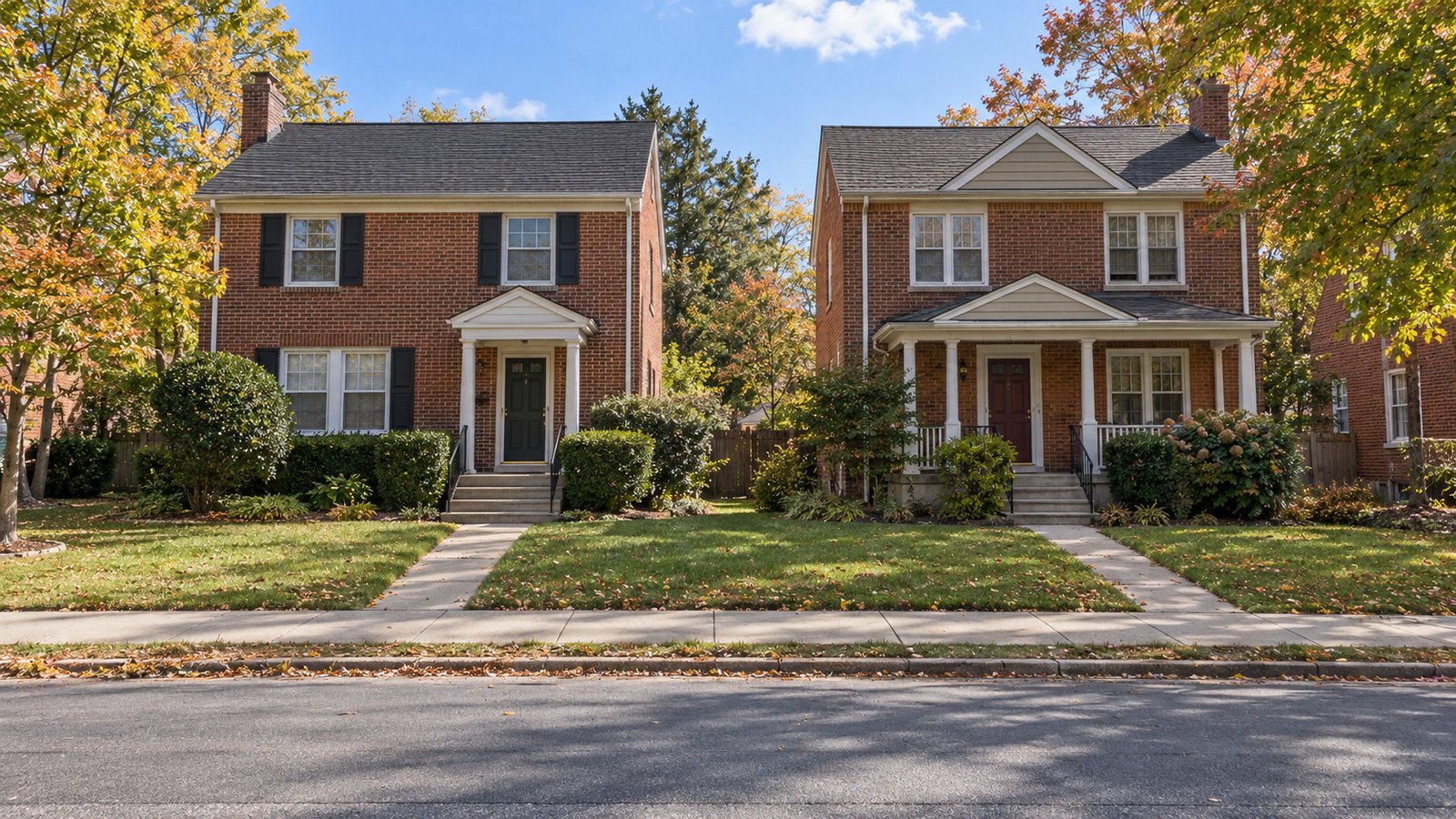 Two homes and their street connection Two complete two-story brick homes stand behind separate front paths, steps and one continuous public sidewalk.