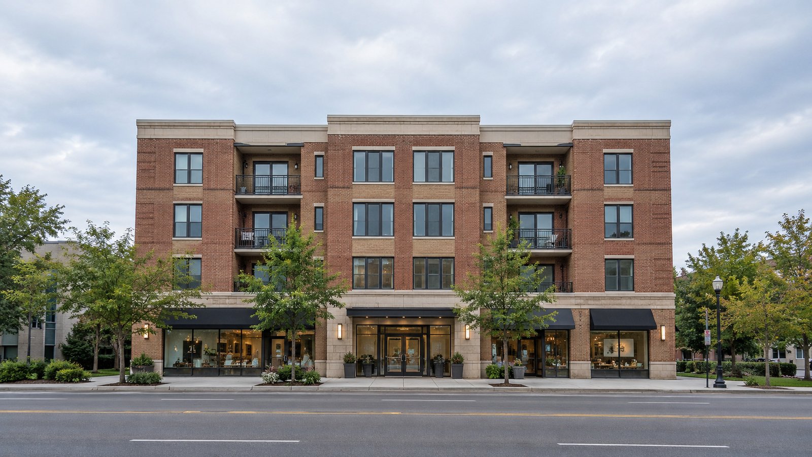 A complete four-story brick apartment building over ground-floor shops, with a central glass entrance, sidewalk and street.