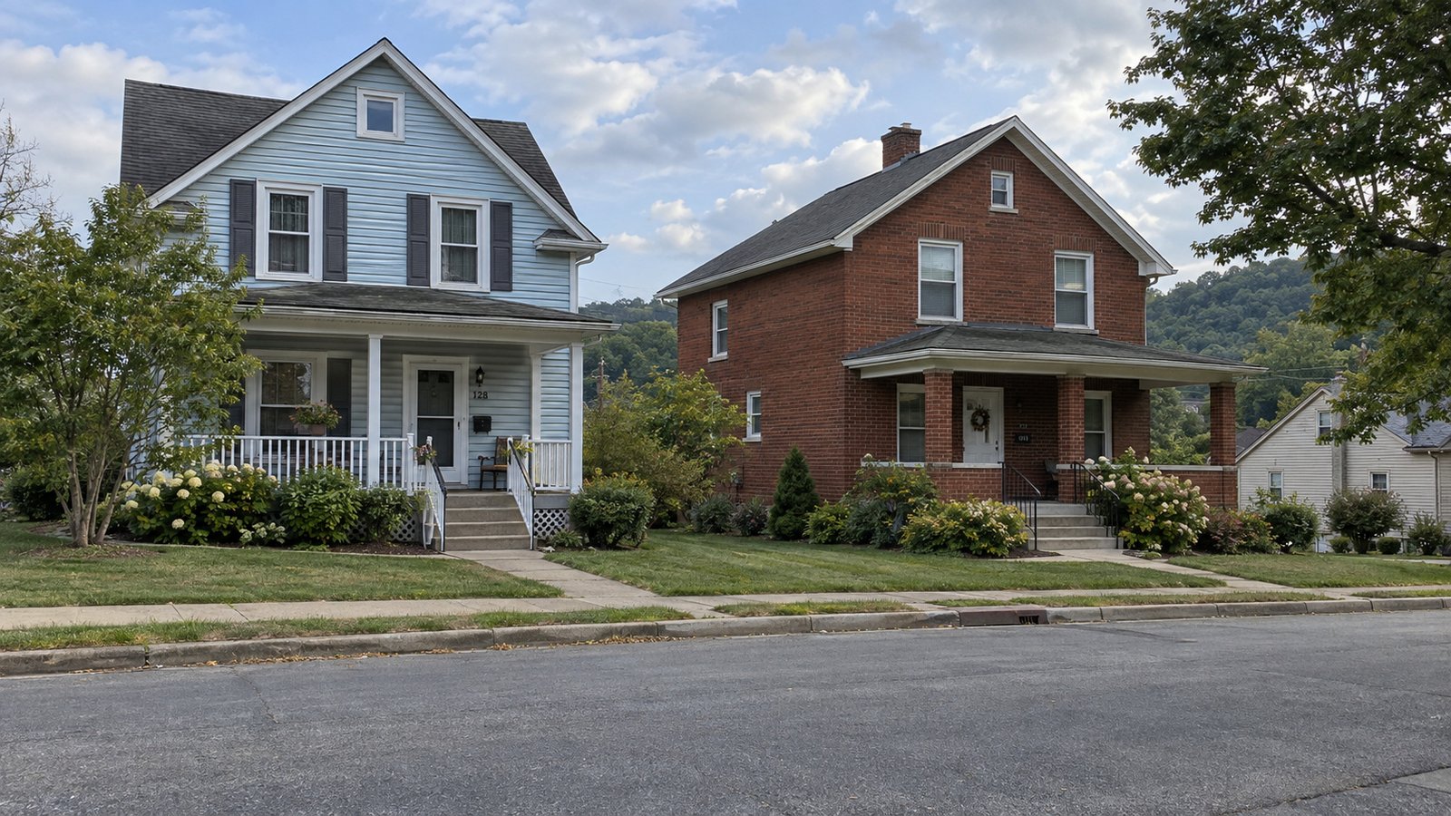 Two whole modest homes, one pale blue and one red brick, beside a residential street.