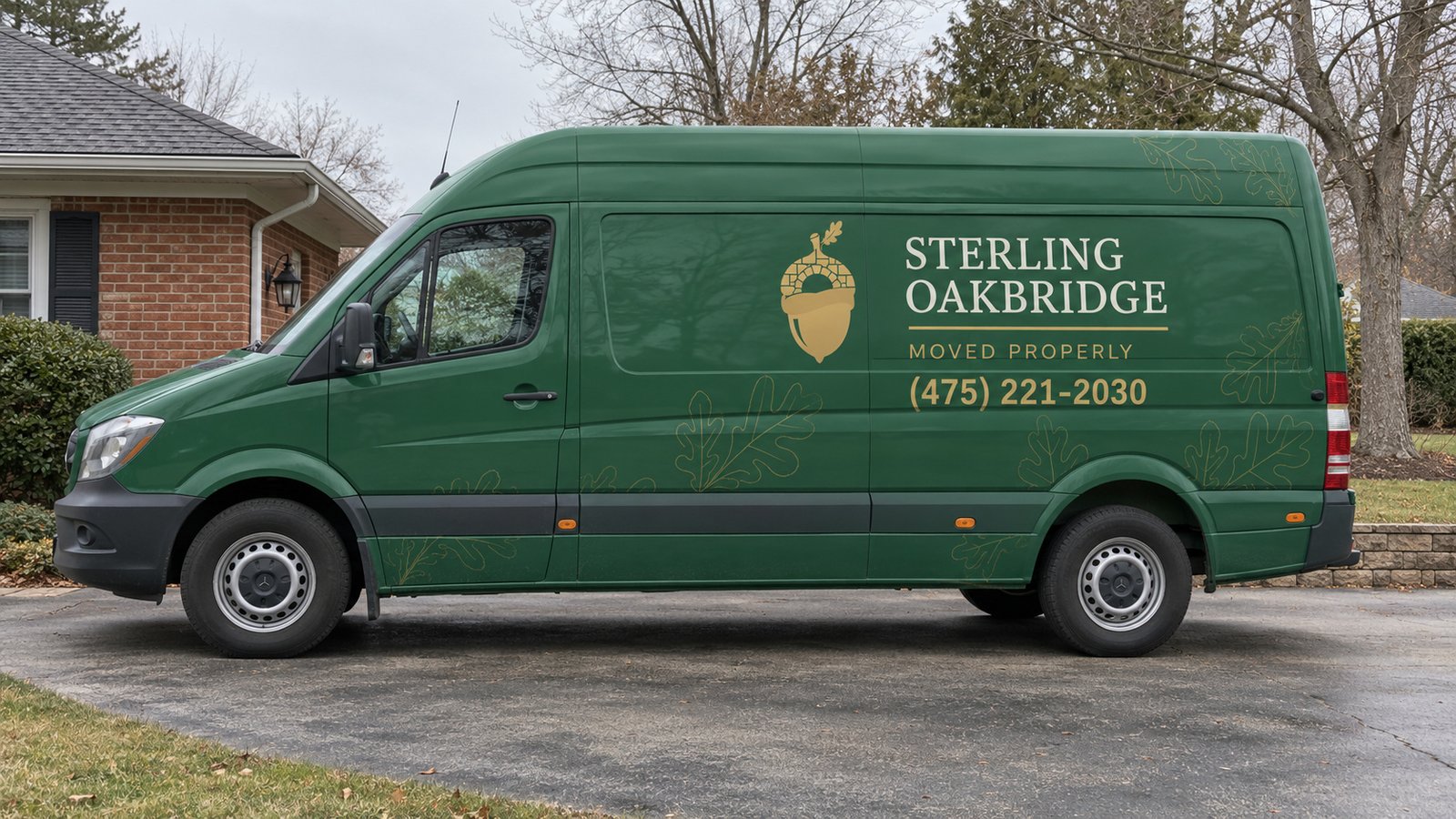 A complete green Sterling Oakbridge Sprinter van parked on a level paved driveway.