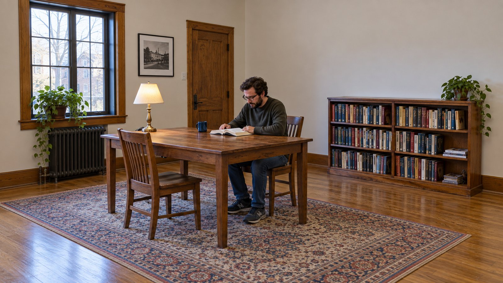 A man reading at a whole wooden table beside a low bookcase in a modest room.