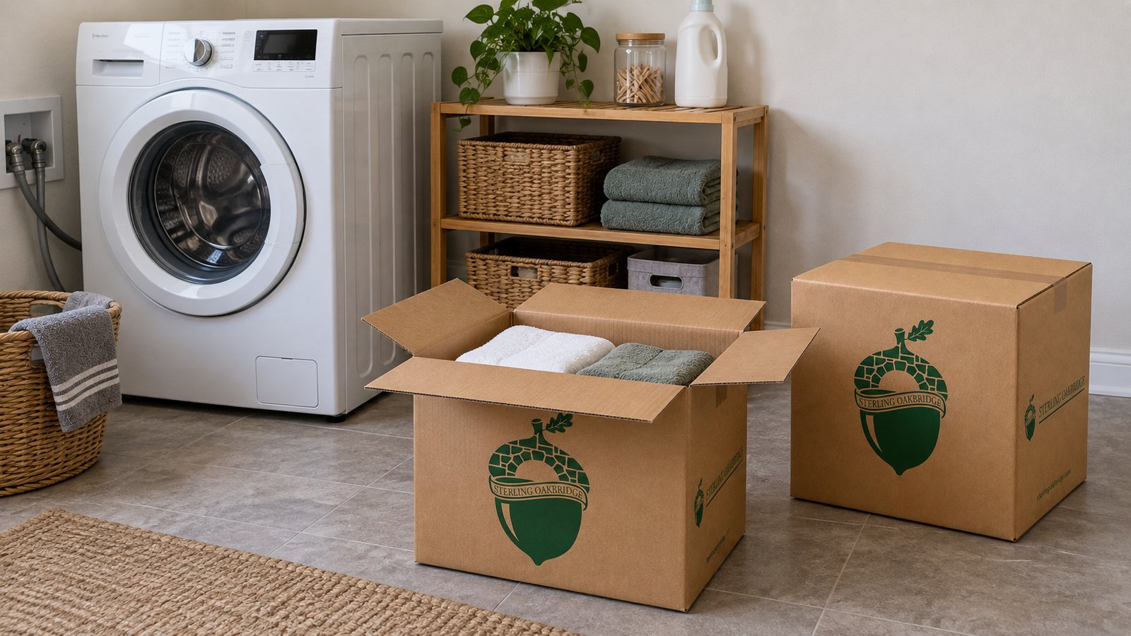 A whole front-loading washer and low wood shelf beside open and closed kraft cartons holding linens.