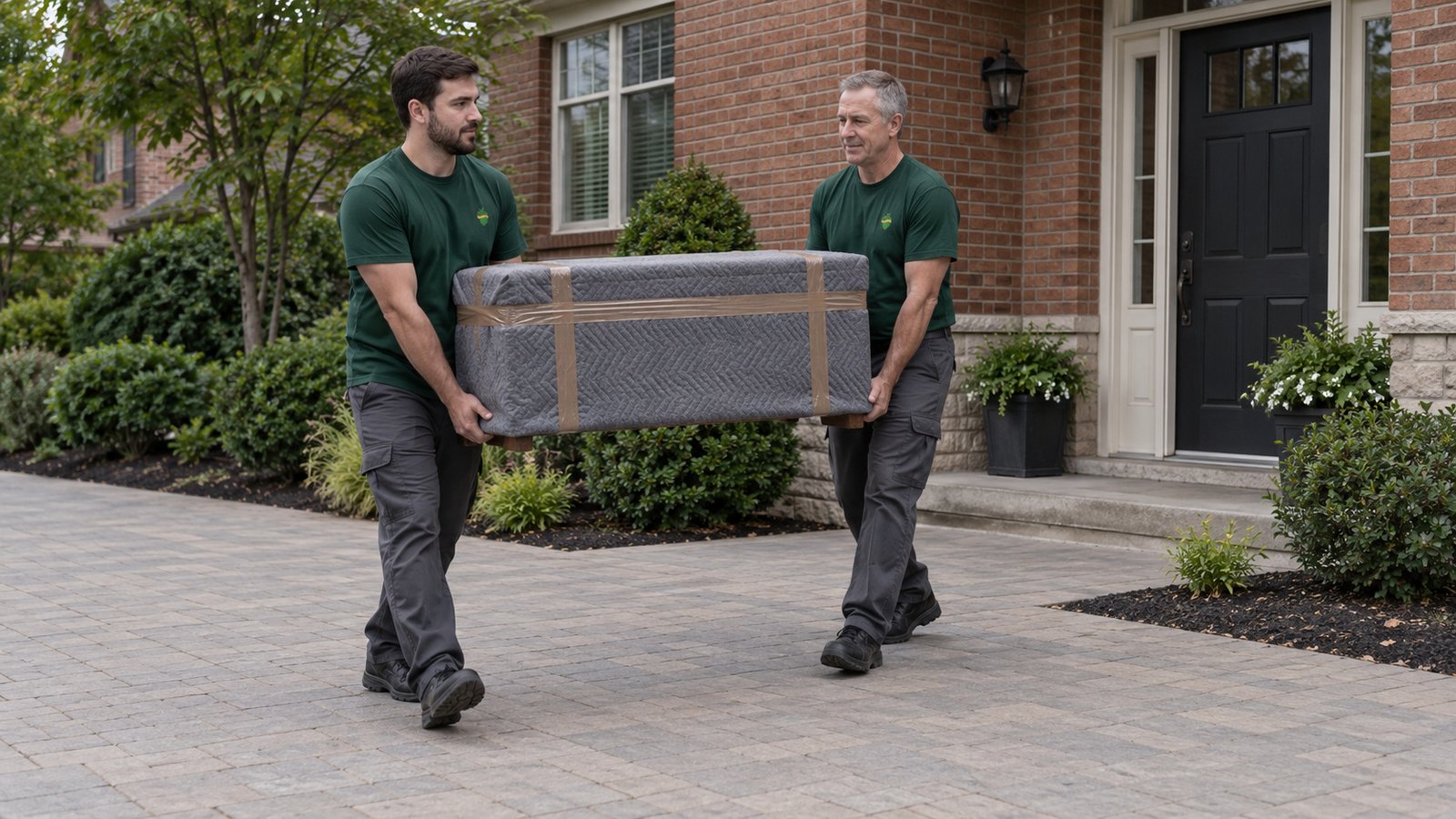 Two male movers in green Sterling Oakbridge shirts carrying a small wooden chest wrapped in a gray blanket and brown tape.