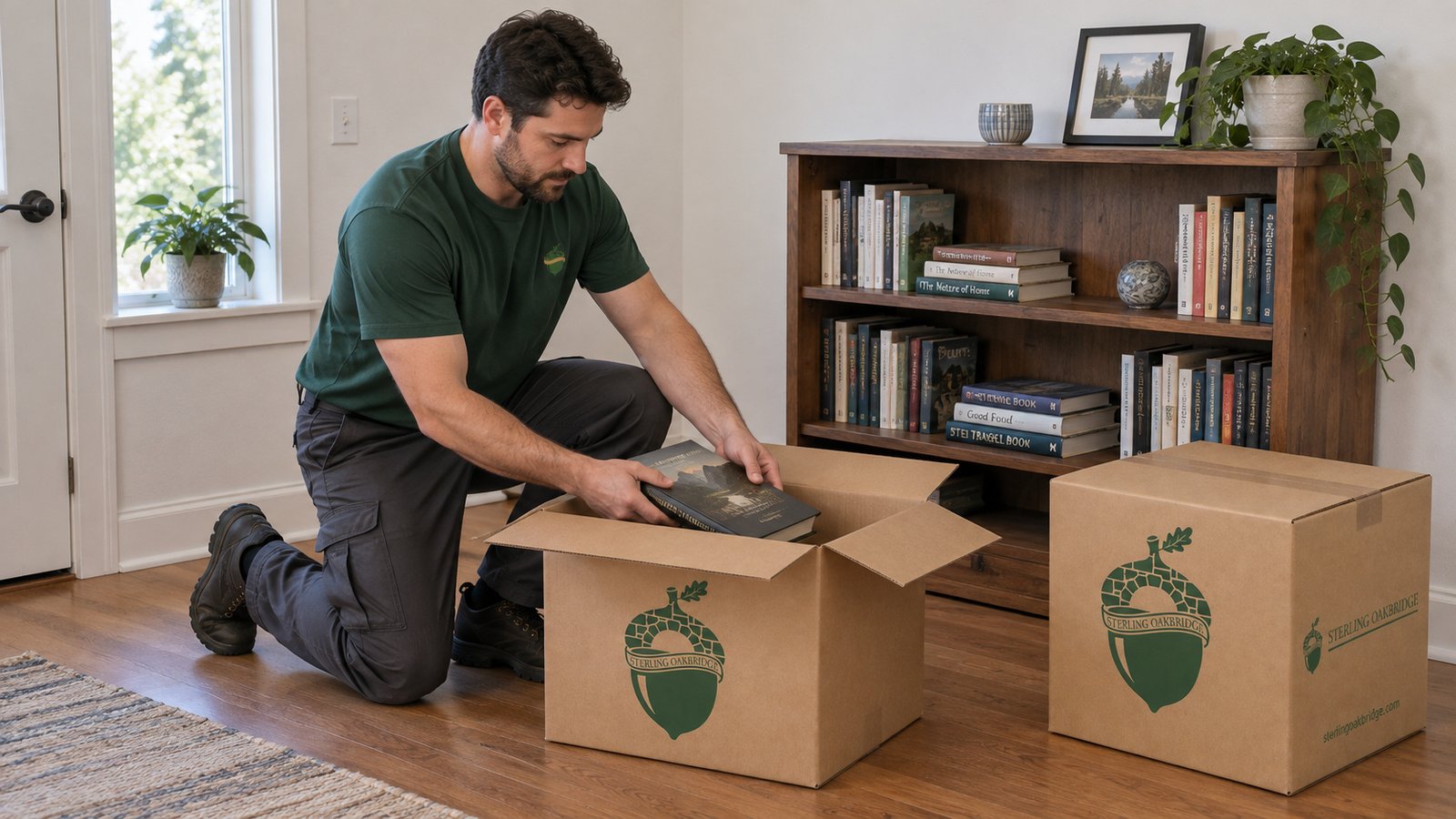 A kneeling male mover in a green Sterling Oakbridge shirt placing a book in an open small kraft carton beside a low bookcase.