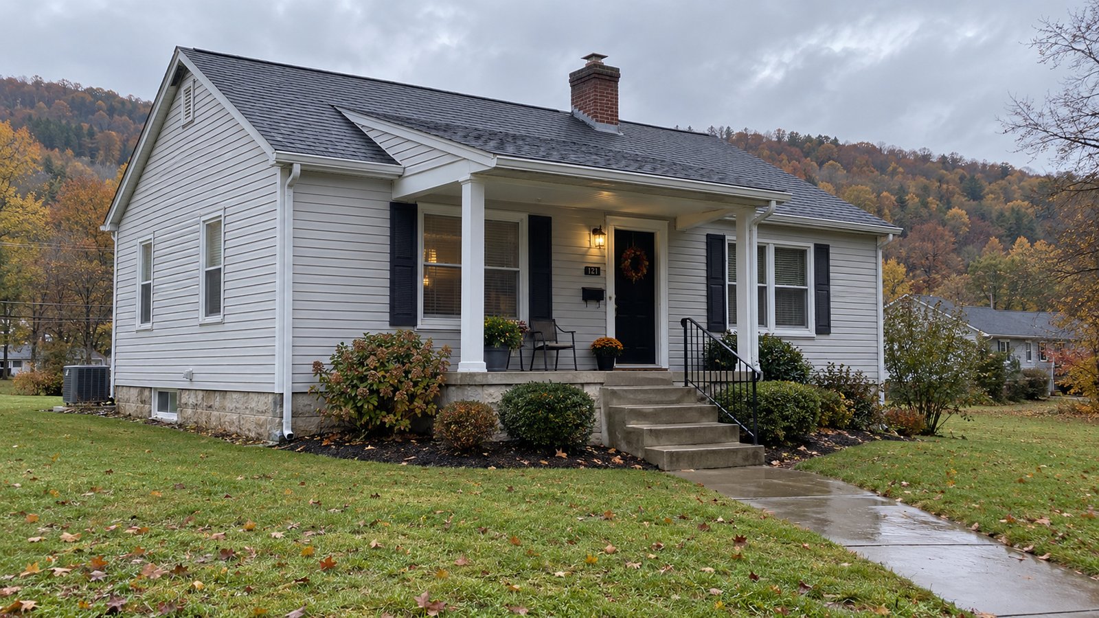 A whole gray single-story house with a wet front path, entrance steps and a handrail in autumn.