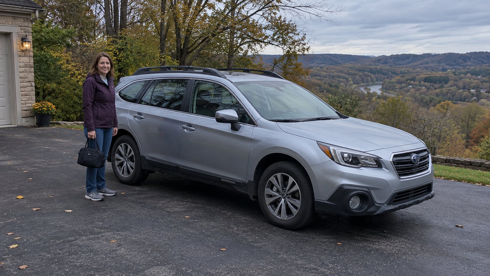 A woman with a day bag standing beside a complete silver station wagon on a paved driveway.