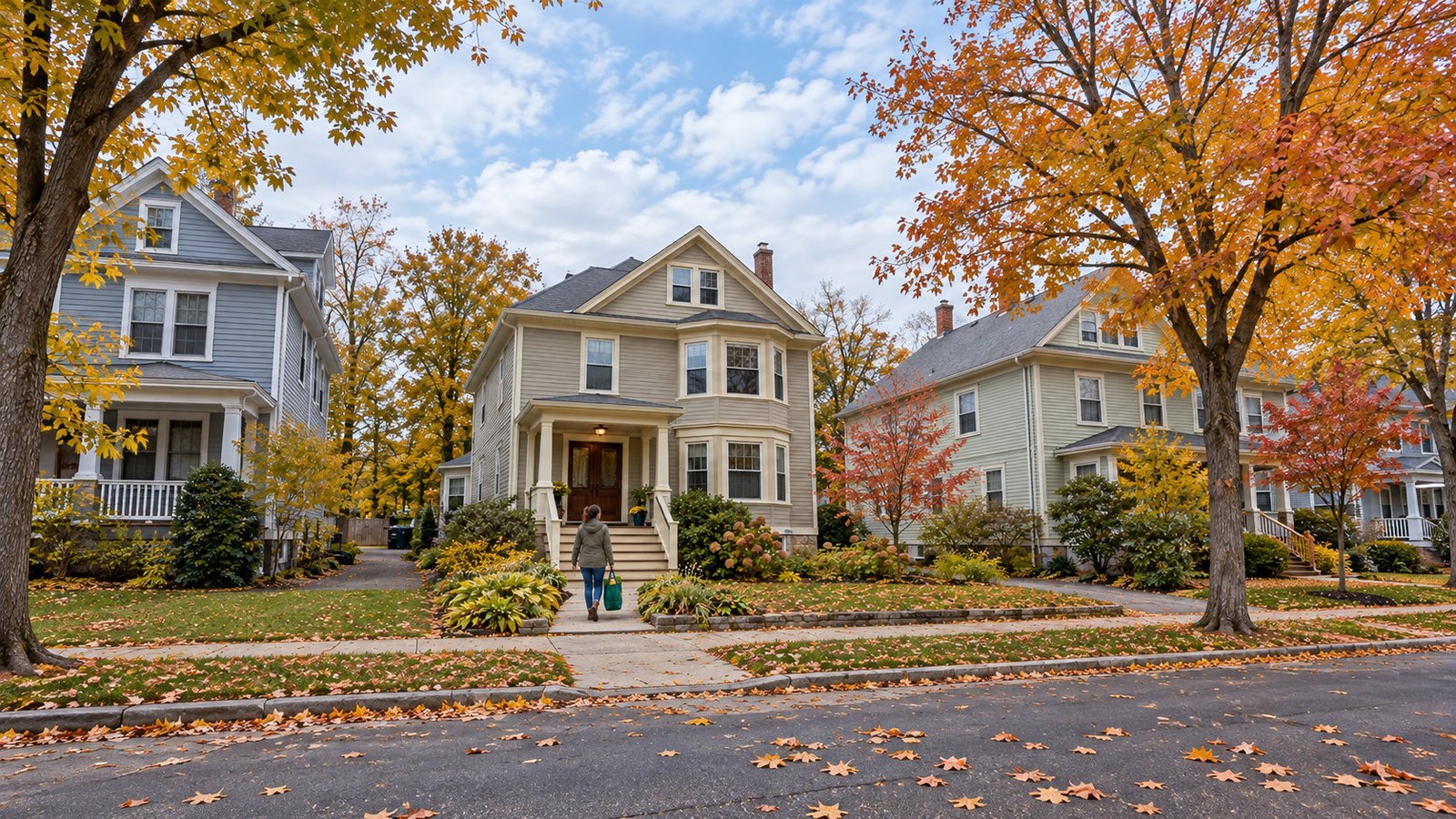 Resident with a reusable grocery bag walks toward a complete older-house entrance