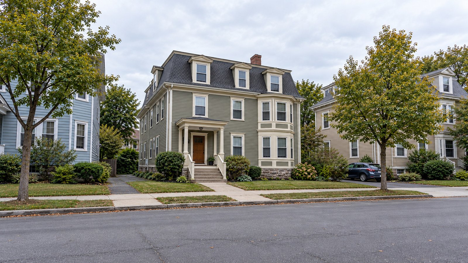 Shared entrance and exterior approach Representative older wood house with a mansard roof, shared front doorway and clear complete sidewalk approach