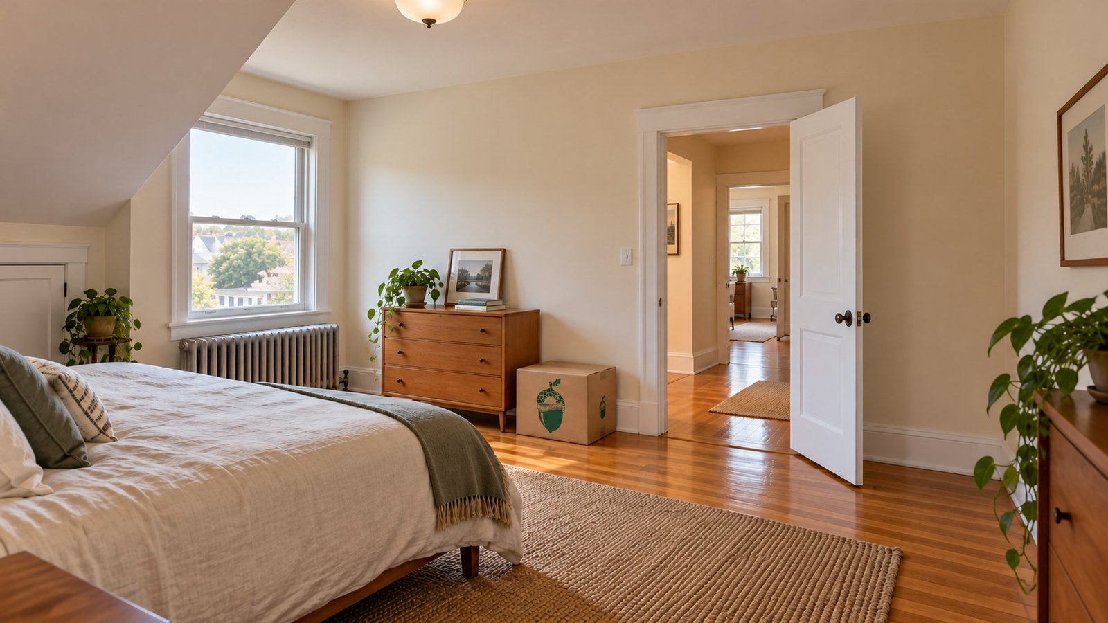 Bedroom with a sloping ceiling, clear radiator, compact branded carton and complete open doorway