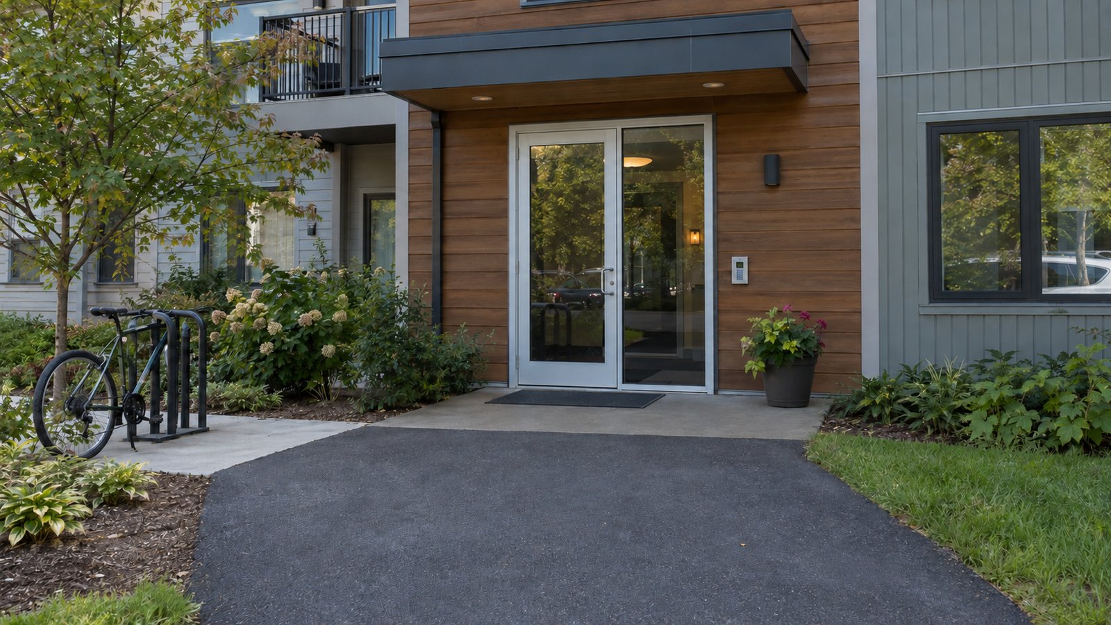A single glass entrance door and fixed sidelight beneath a canopy, with a clear paved approach and a bicycle to the side