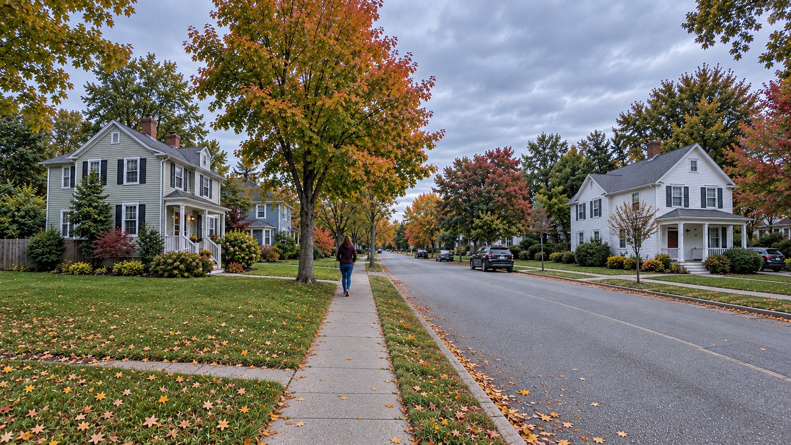 A woman walks along a sidewalk beside modest clapboard homes, lawns and maples with early autumn color