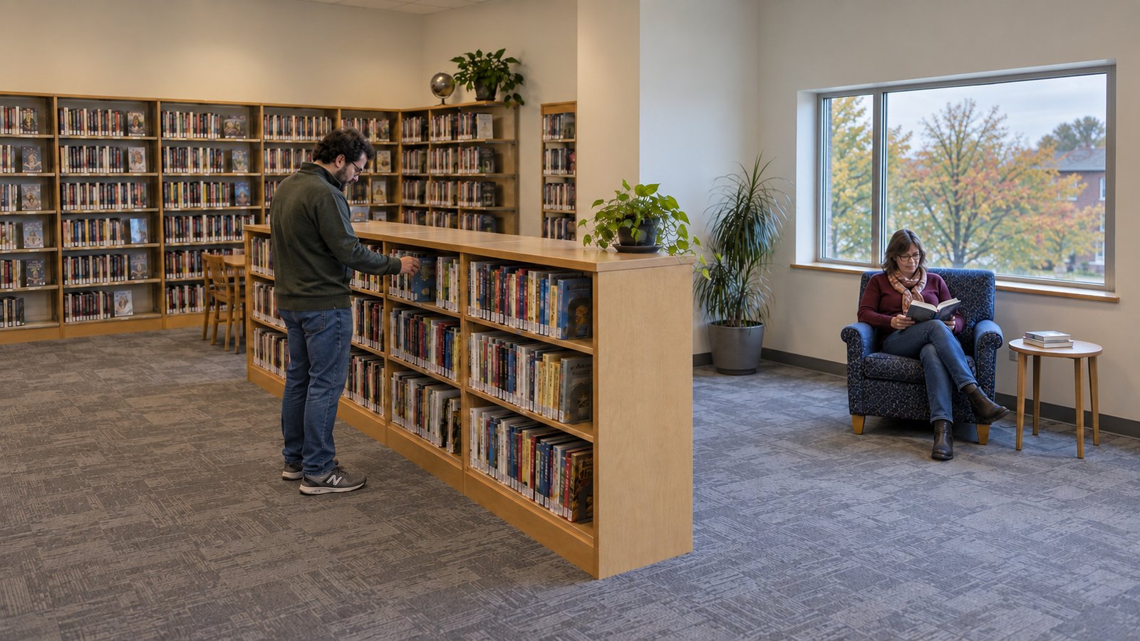 A man chooses a book from a freestanding shelf while a woman reads separately in an upholstered chair beside a window