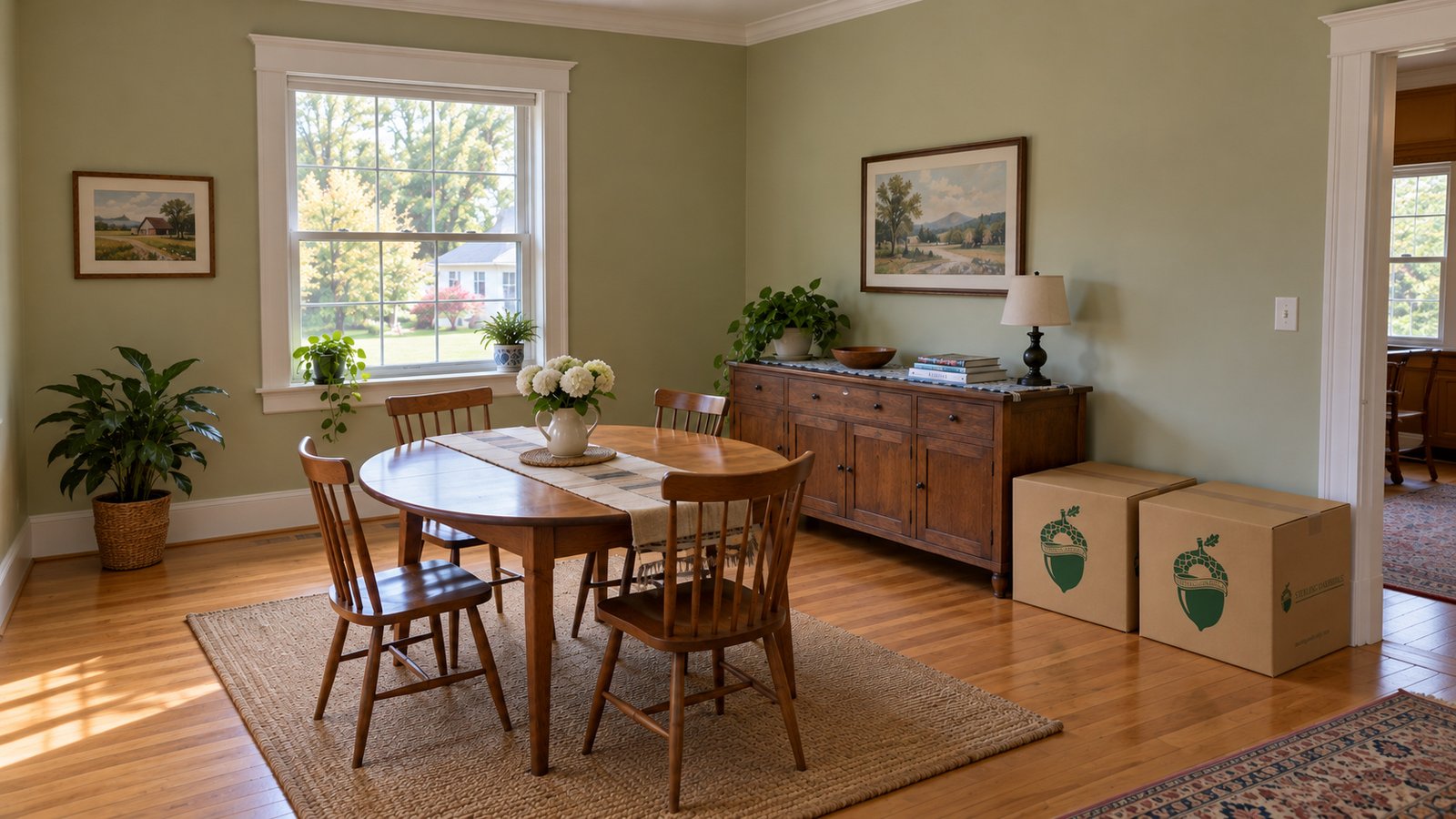 An oval wooden dining table, four chairs, a low sideboard and two closed branded kraft cartons in a sunlit room