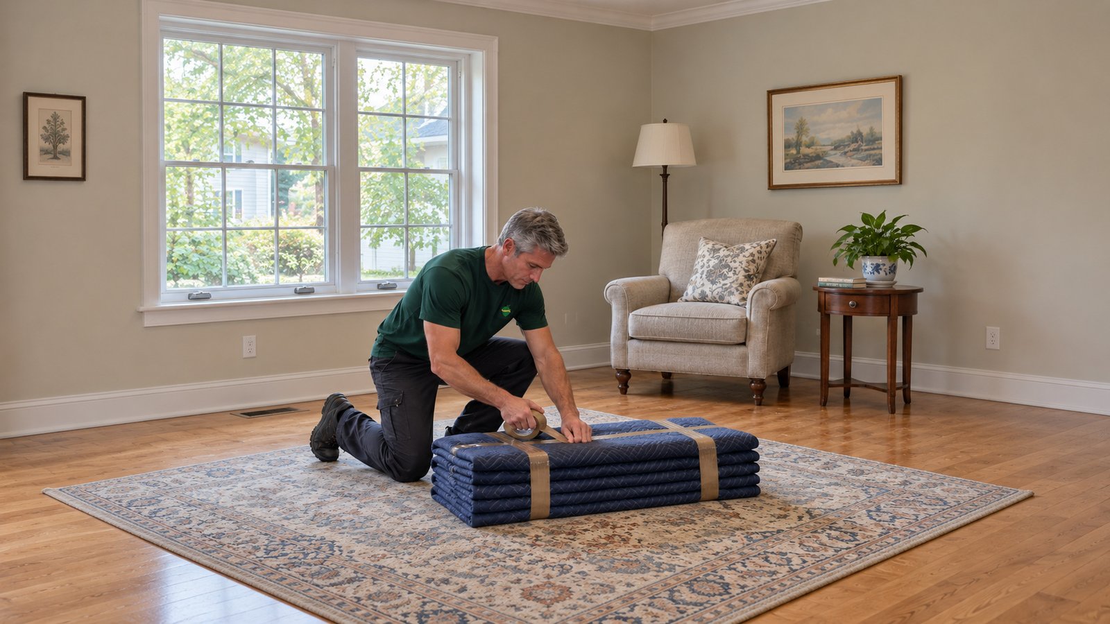 A male mover in a green Sterling Oakbridge shirt kneels on the floor and tapes a long low bundle of blue moving blankets beside an armchair