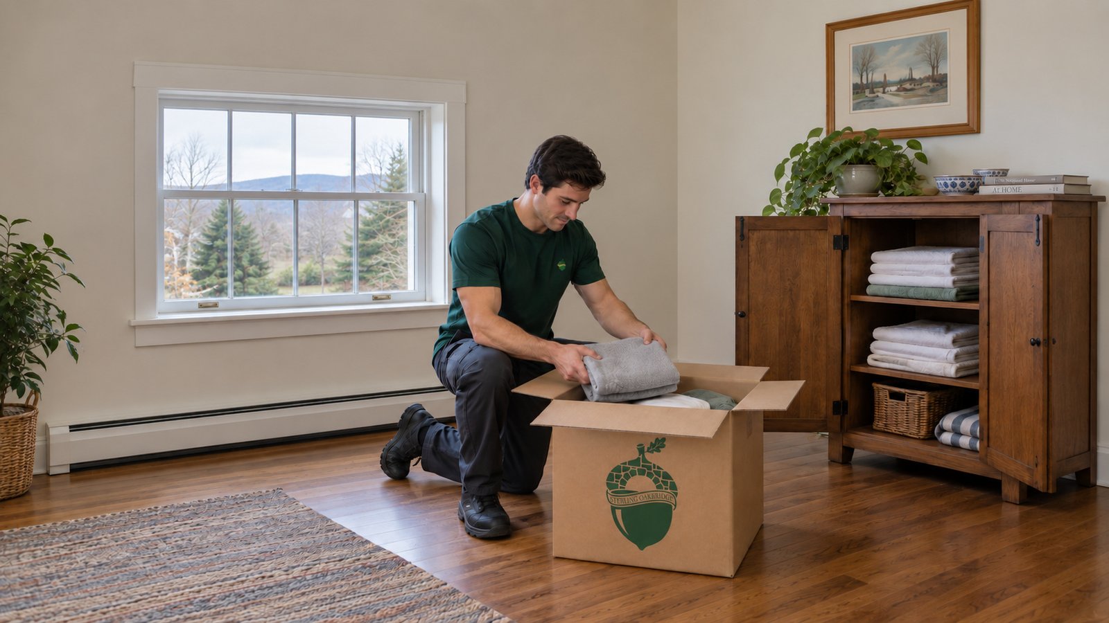 A male mover in a green Sterling Oakbridge shirt kneels beside an open branded kraft carton and lowers a folded towel with both hands