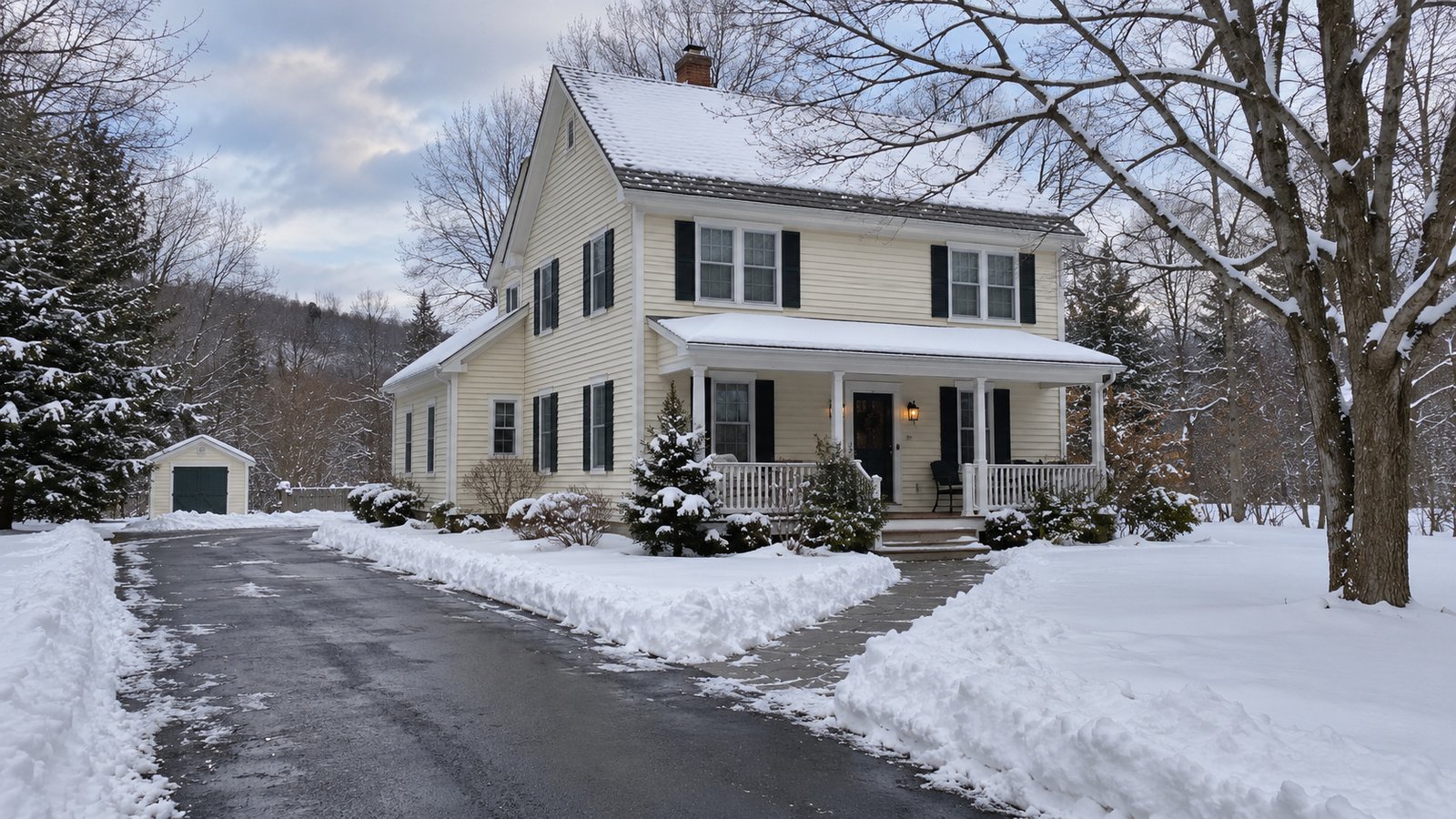 A cream clapboard house with a front porch, shoveled walkway and cleared driveway bordered by snow banks