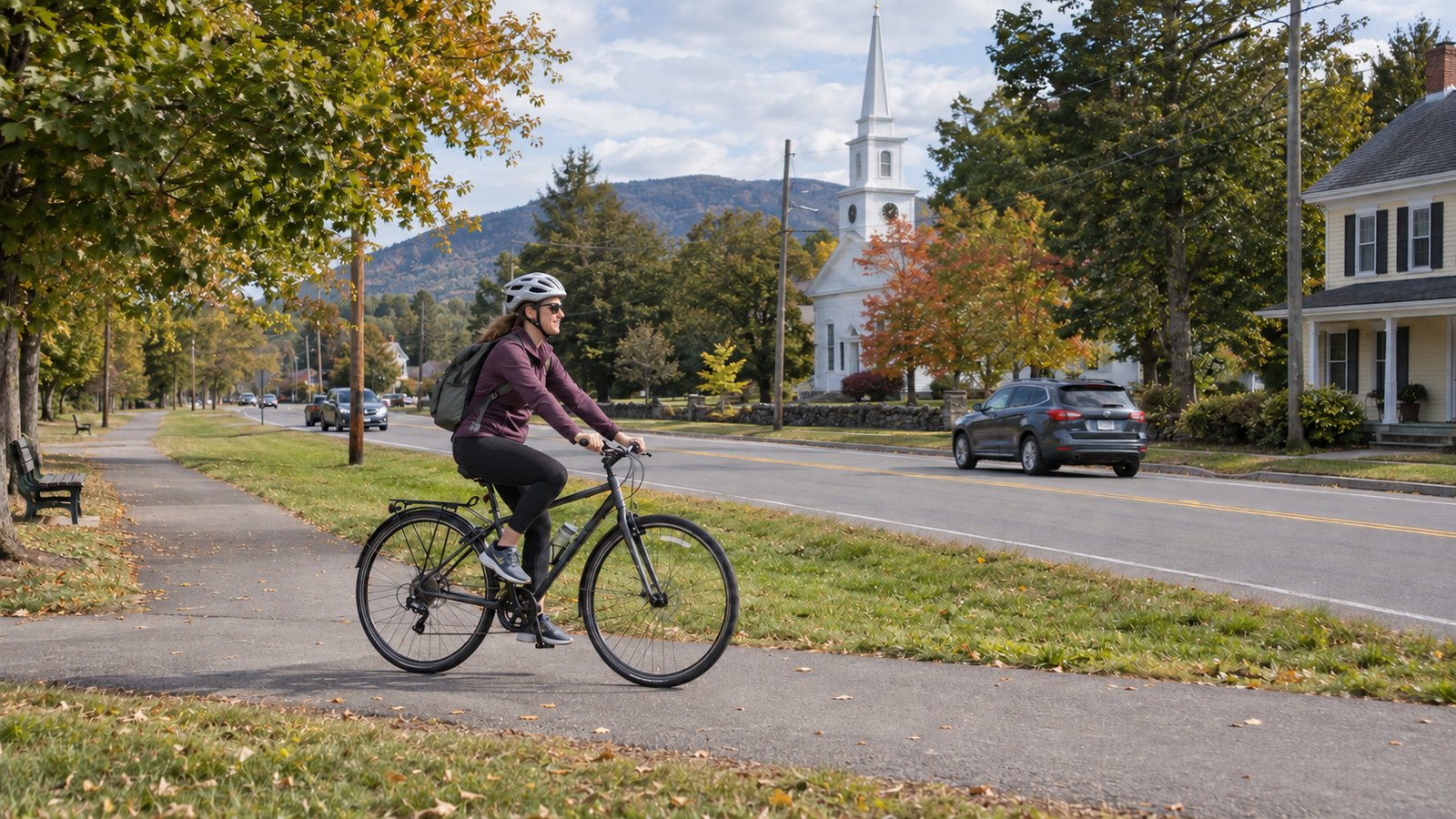 A woman wearing a helmet rides a commuter bicycle along a paved path separated from the road by grass