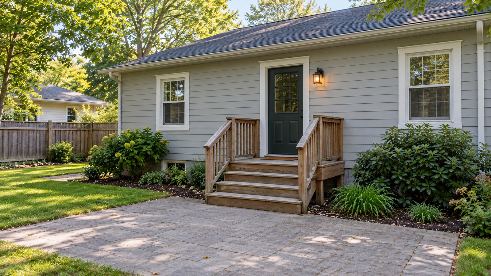 The steps and landing before the door Wooden porch steps with handrails leading to a closed rear door above a paved approach