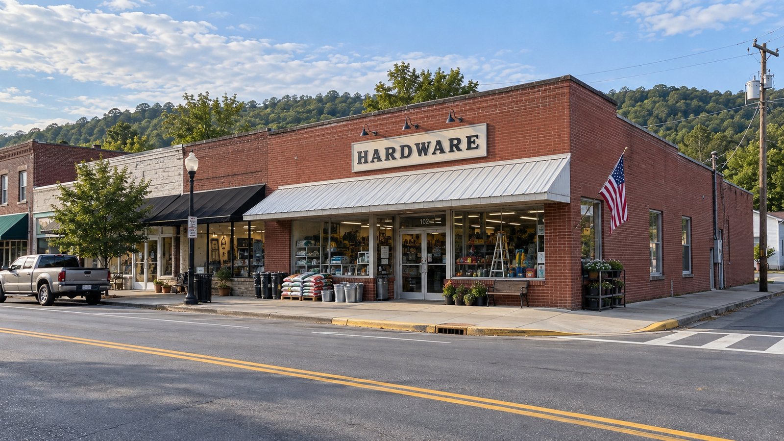 A stop for everyday errands Brick corner hardware store with a metal awning, broad sidewalk and neighboring shops