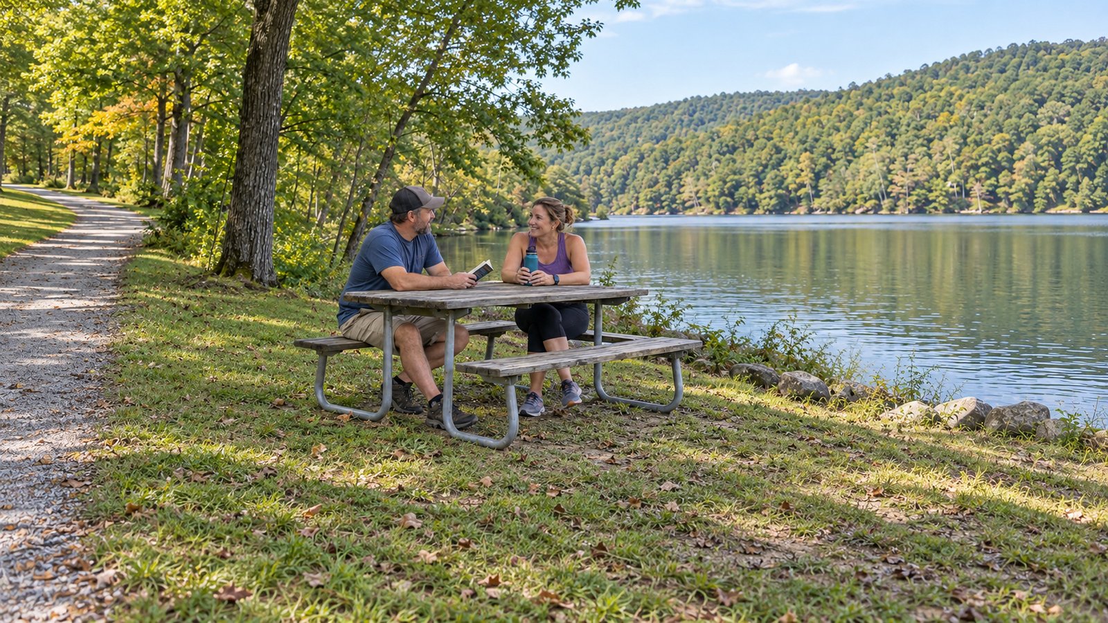 Time beside the water Two adults at a picnic table beside a wooded lake, holding a book and water bottle