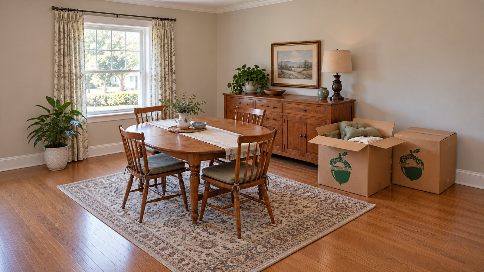 Space around the dining table Wooden dining table and sideboard beside open and closed kraft Sterling Oakbridge cartons