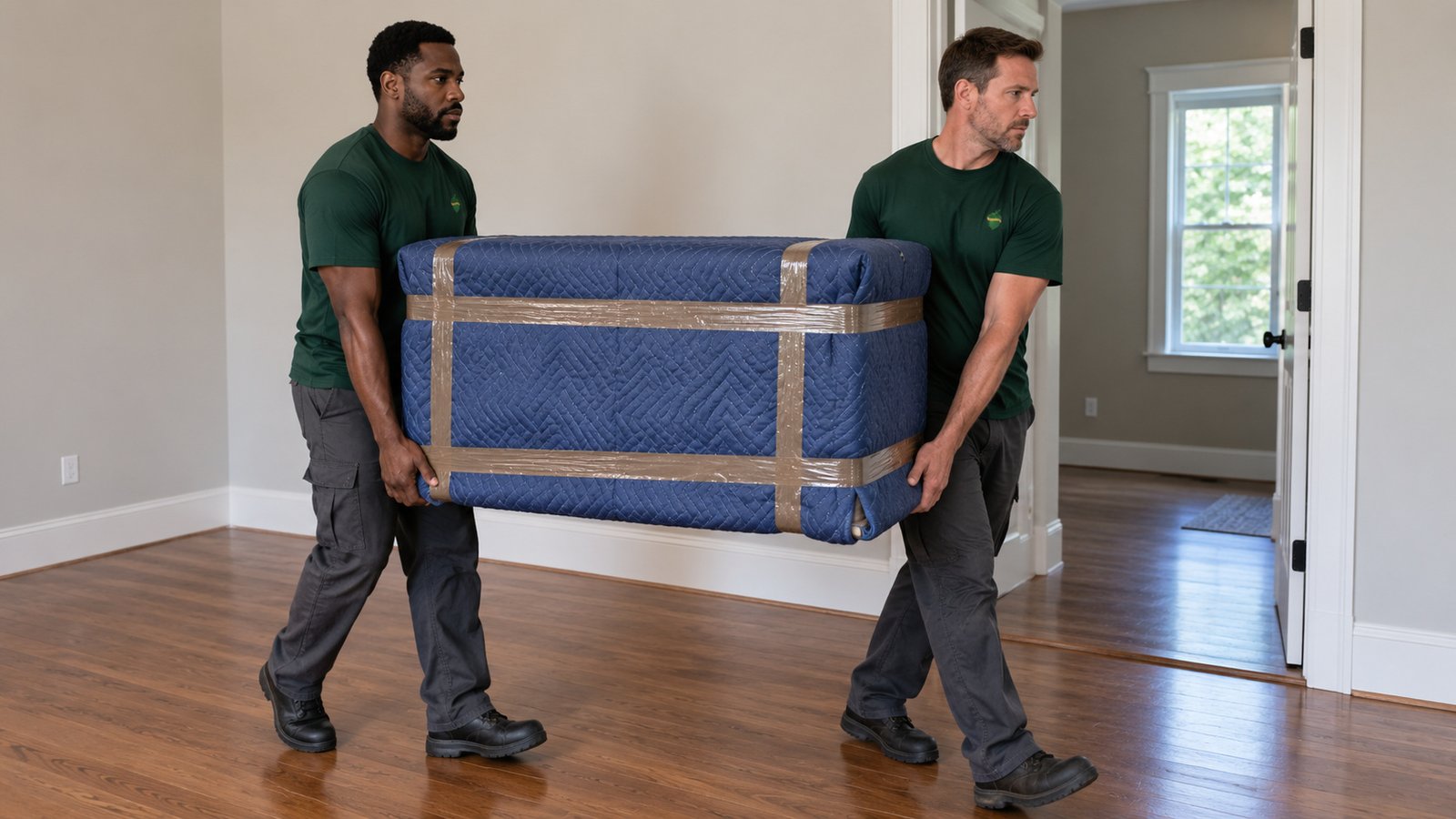 A clear route for protected furniture Two Sterling Oakbridge movers carrying a small chest covered in quilted blankets and brown tape