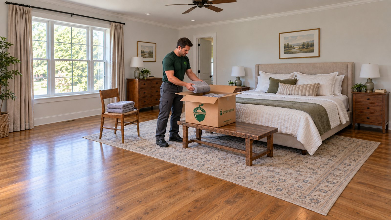 Preparing household linens Sterling Oakbridge mover placing a folded towel into a kraft linen carton on a wooden bench