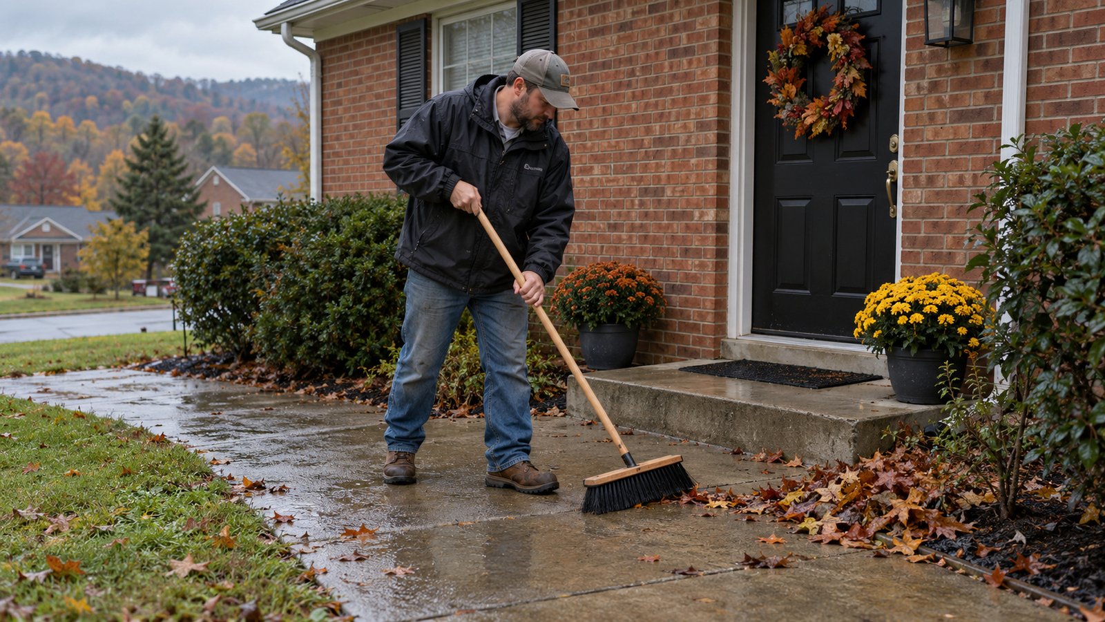 Clearing the approach after rain Man sweeping wet leaves from a concrete front walk beside a brick house