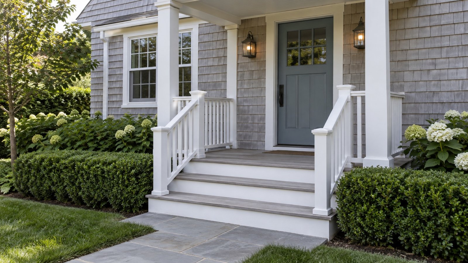 Gray porch steps with continuous white rails at a cedar-shingled house
