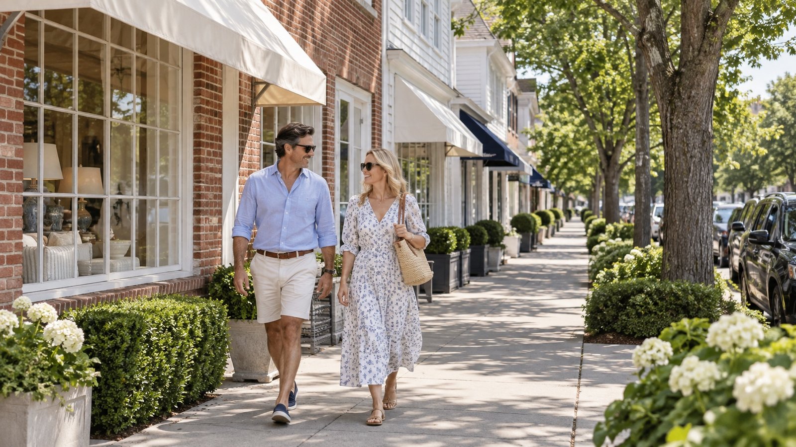 Two adults walking past low brick and clapboard shopfronts on a village sidewalk